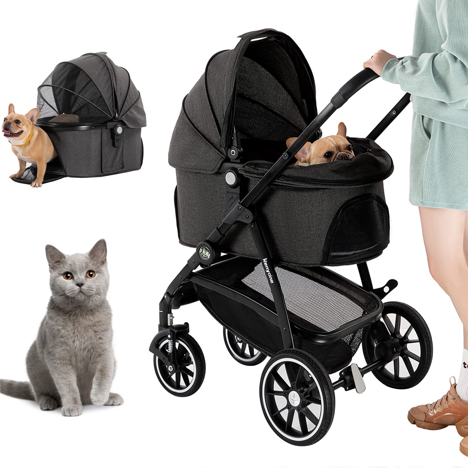 kenyone dog stroller 3-in-1 Pet Stroller: Compact & Foldable Travel System for Small to Medium Dogs & Cats (Black)