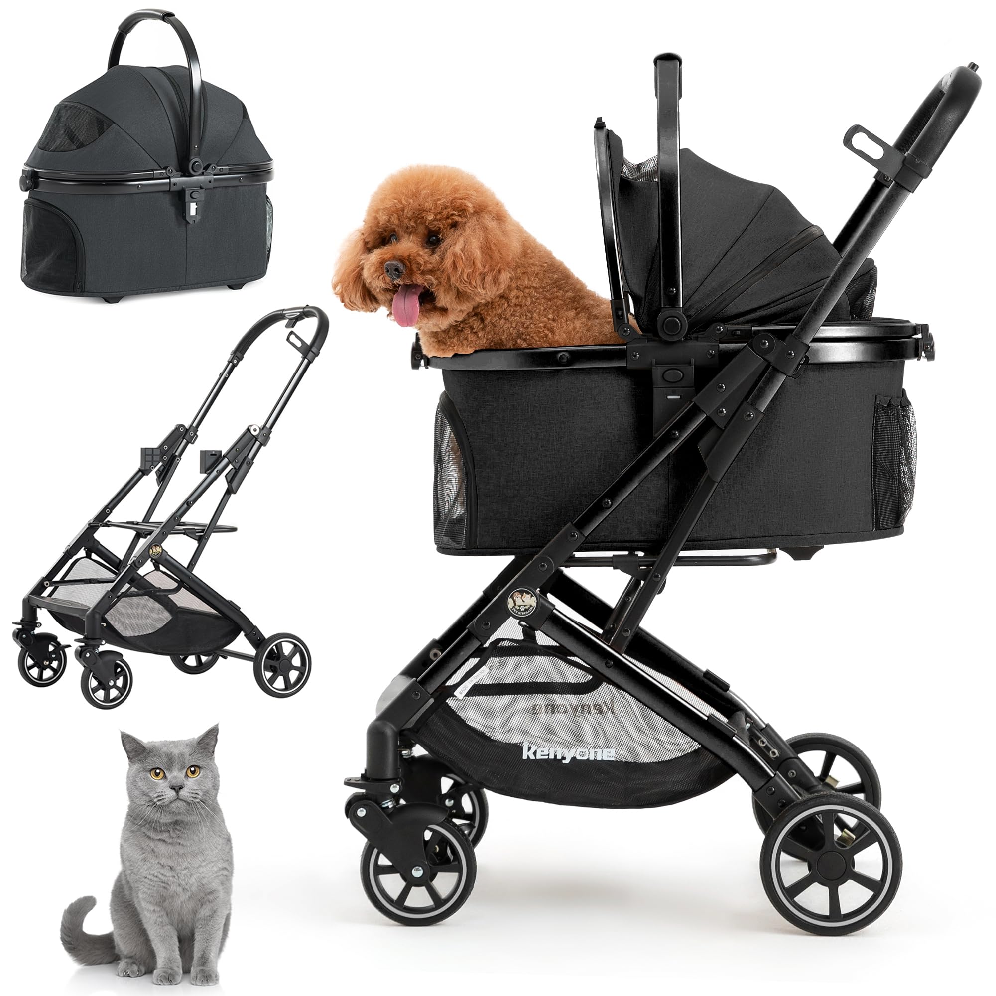 dog and cat stroller No-Zip Entry: 3-in-1 Pet Stroller for Small Medium Dogs Puppy Cat Stroller with Detachable Carrier & Pad Lightweight Foldable Aluminum Alloy Frame