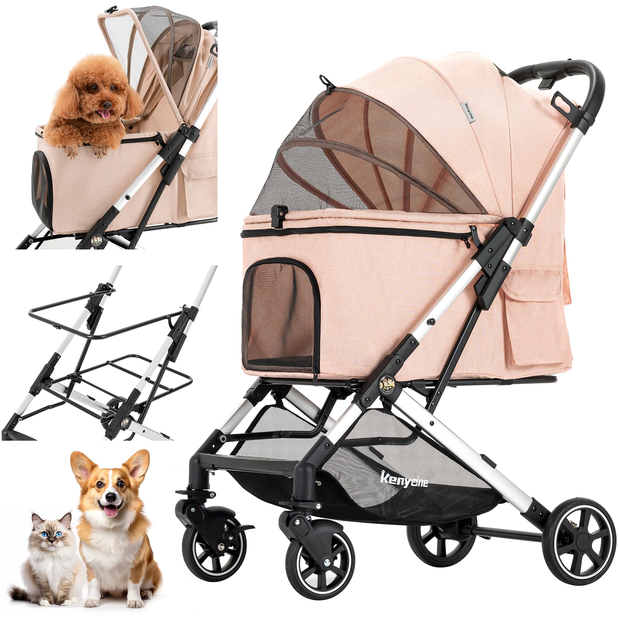 Pet Stroller by Kenyone: Versatile Doggy and Cat Strollers for Small to Medium Pets, Featuring Lightweight, Durable Design with Easy One-Click Folding and Smooth PU Wheels