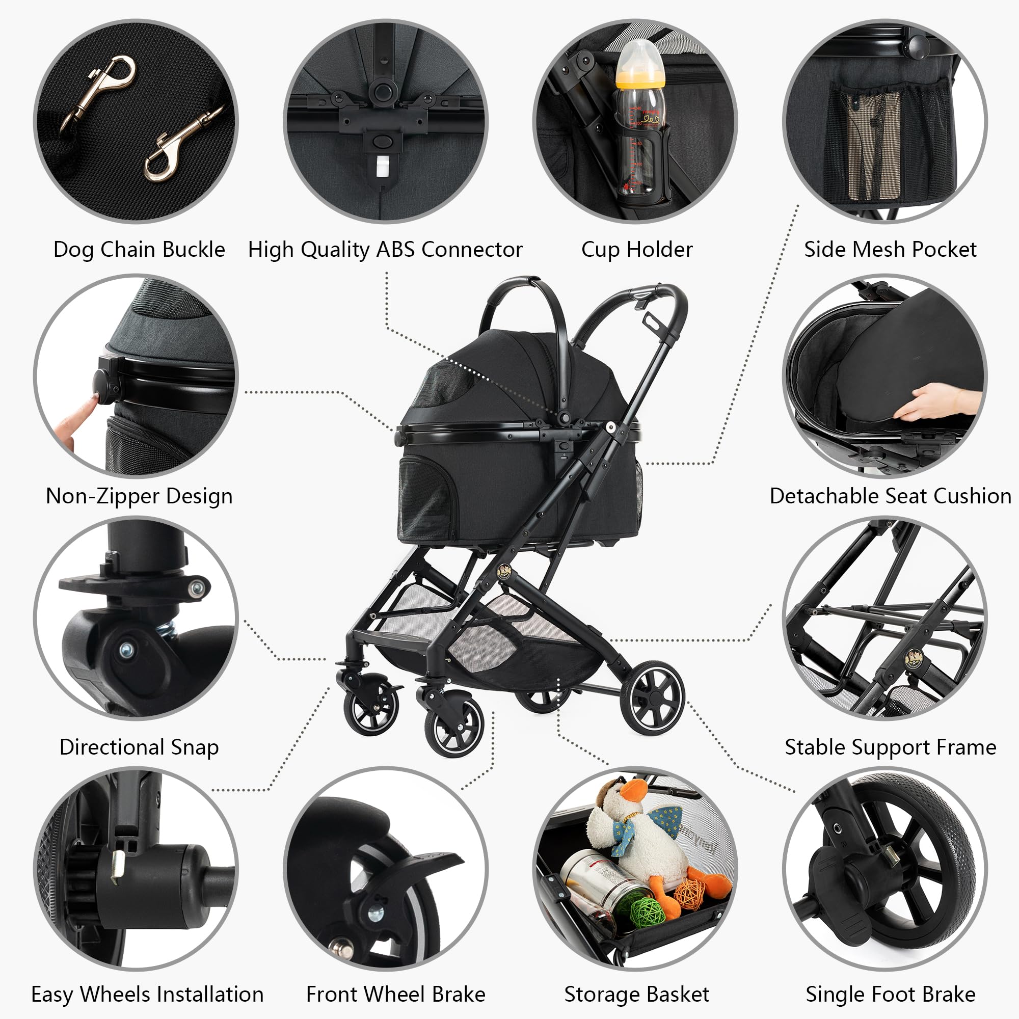 No-Zip Entry: 3-in-1 Pet Stroller for Small Medium Dogs Puppy Cat Stroller with Detachable Carrier & Pad Lightweight Foldable Aluminum Alloy Frame Dual
