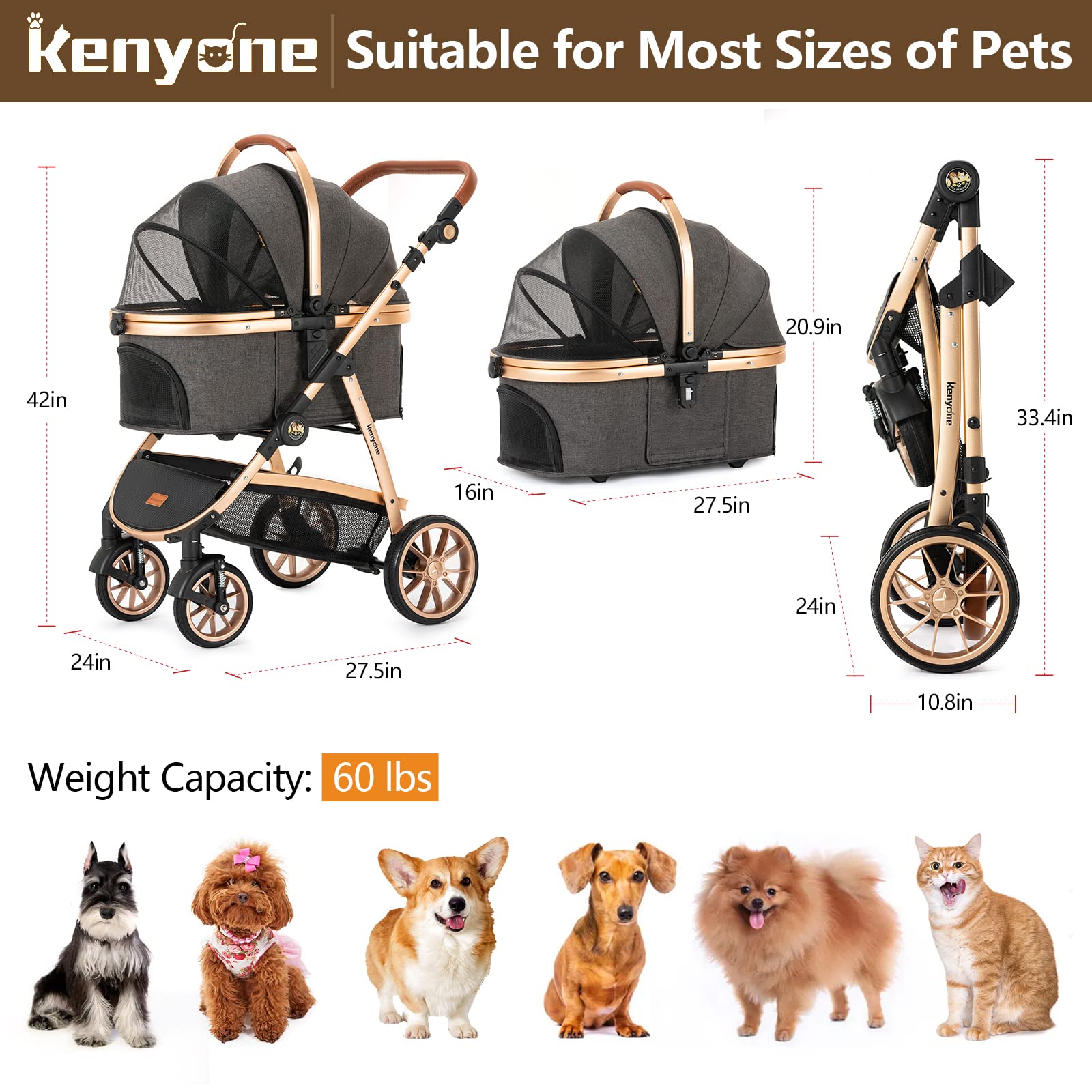 dog stroller 60 lbs 2023 Latest 3 in 1 Kenyone Foldable & Durable Pet Stroller – Kenyone Pet Stroller