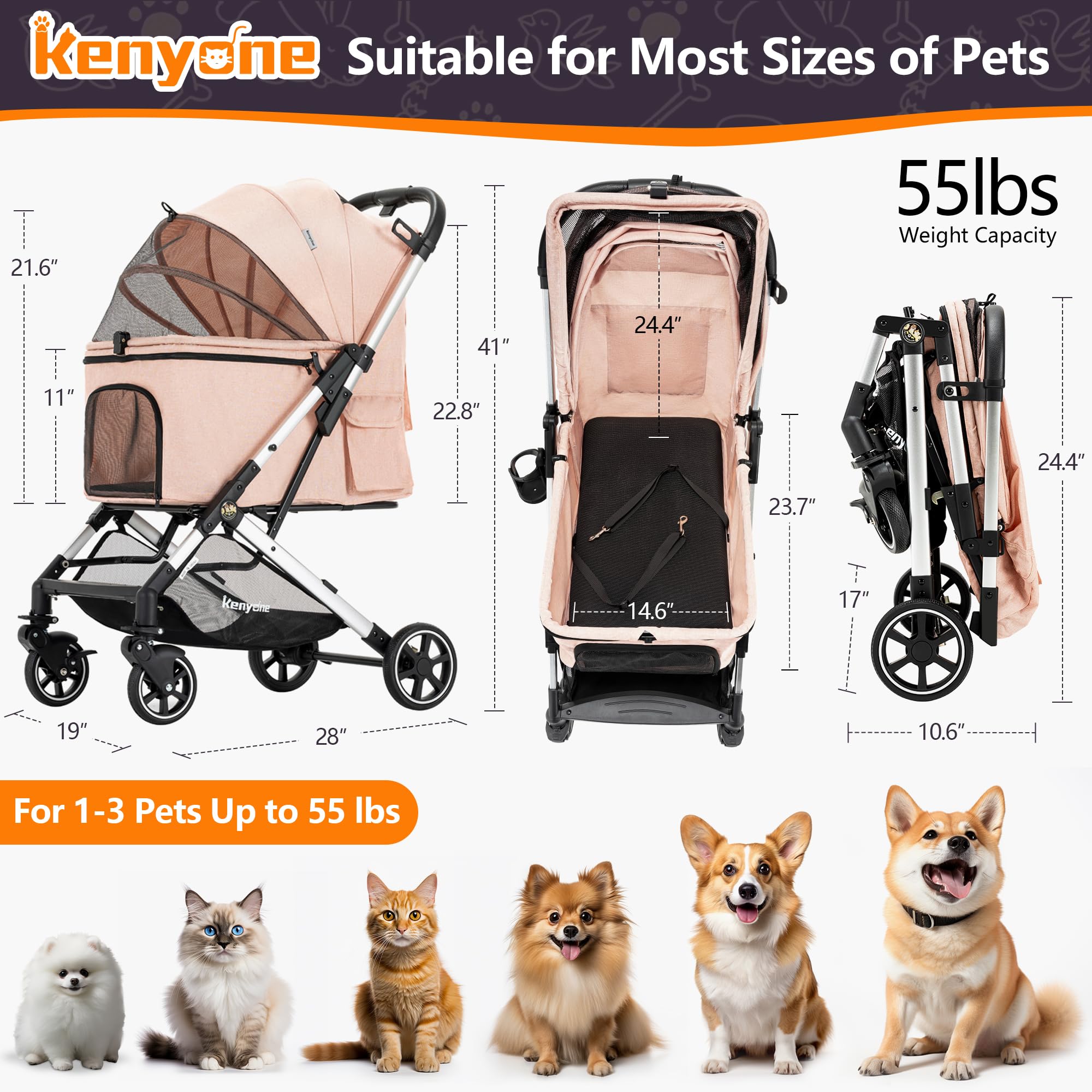 kenyone dog stroller Pet Stroller by Kenyone: Versatile Doggy and Cat Strollers for Small to Medium Pets, Featuring Lightweight, Durable Design with Easy One-Click Folding